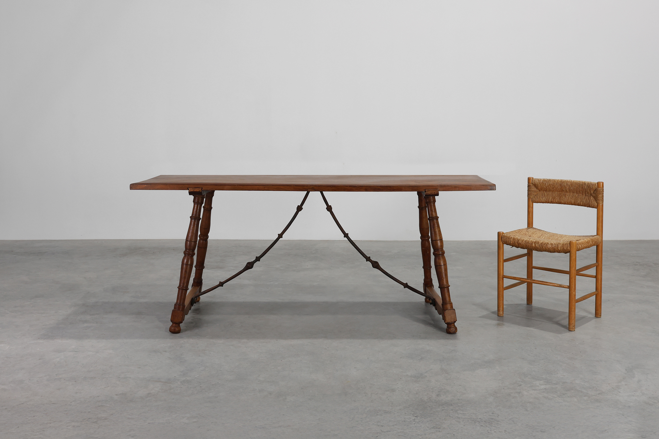 18th‑Century Spanish Walnut Trestle Table with Iron Stretcherthumbnail